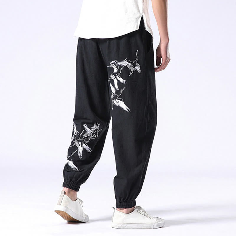 Buddha Stones White Crane Embroidery Design Drawstring Men's Harem Pants With Pockets