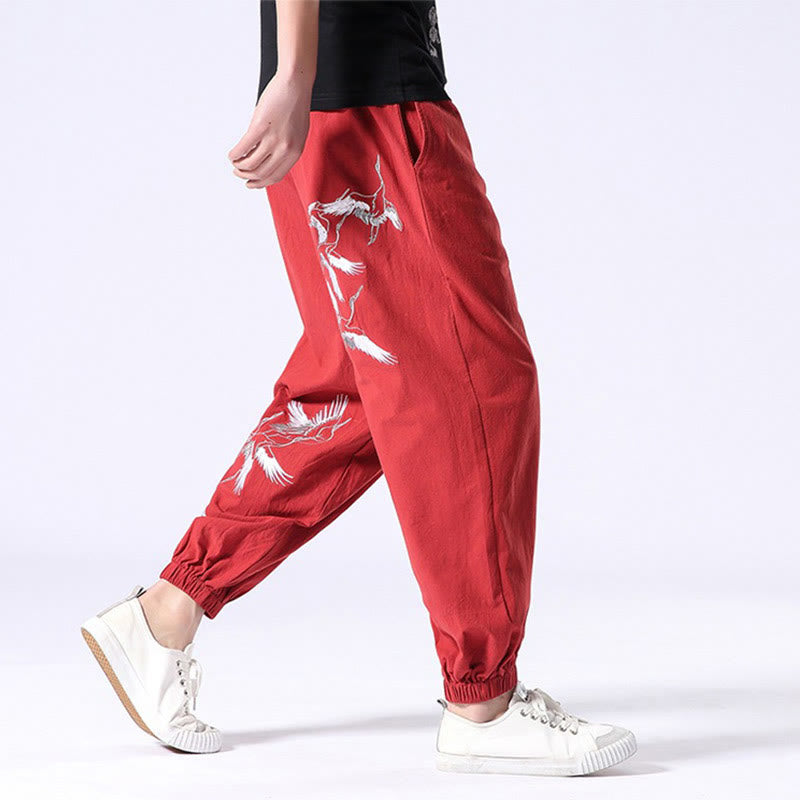 Buddha Stones White Crane Embroidery Design Drawstring Men's Harem Pants With Pockets - image 16
