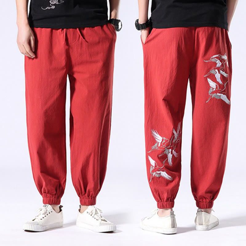 Buddha Stones White Crane Embroidery Design Drawstring Men's Harem Pants With Pockets - image 17