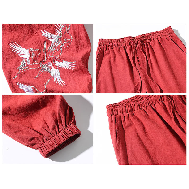 Buddha Stones White Crane Embroidery Design Drawstring Men's Harem Pants With Pockets - image 22
