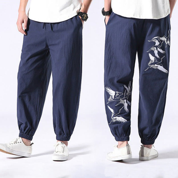 Buddha Stones White Crane Embroidery Design Drawstring Men's Harem Pants With Pockets - image 29