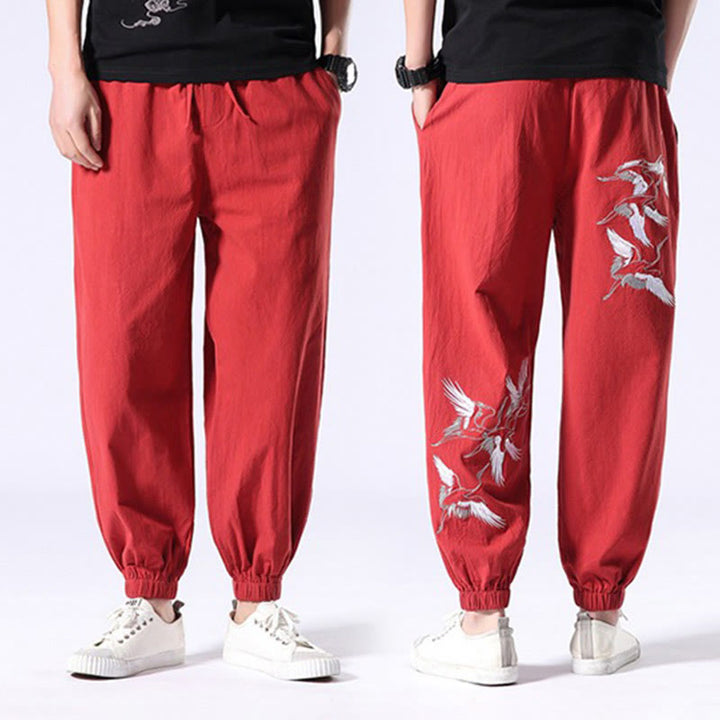 Buddha Stones White Crane Embroidery Design Drawstring Men's Harem Pants With Pockets