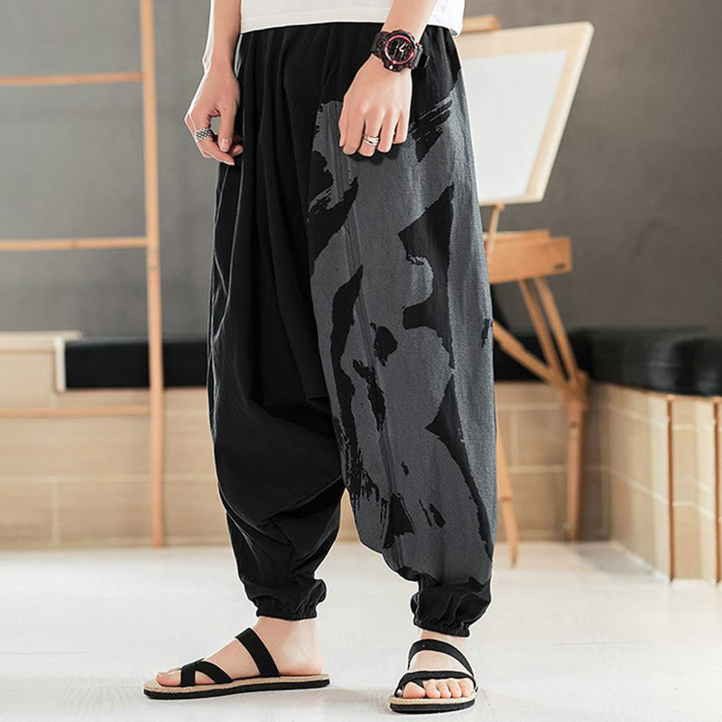 Buddha Stones Simple Summer Calligraphy Cotton Men's Harem Pants With Pockets - image 4