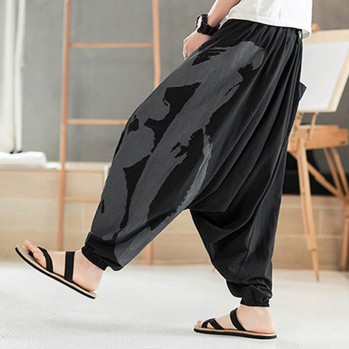 Buddha Stones Simple Summer Calligraphy Cotton Men's Harem Pants With Pockets