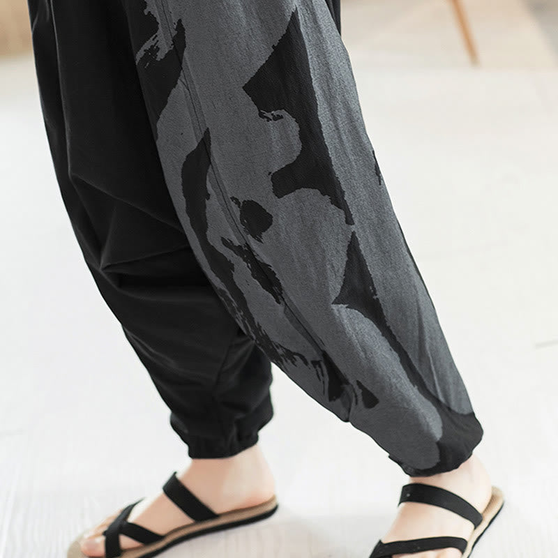 Buddha Stones Simple Summer Calligraphy Cotton Men's Harem Pants With Pockets - image 12