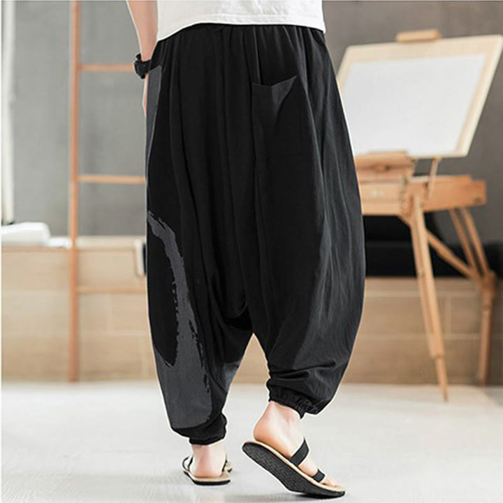 Buddha Stones Simple Summer Calligraphy Cotton Men's Harem Pants With Pockets