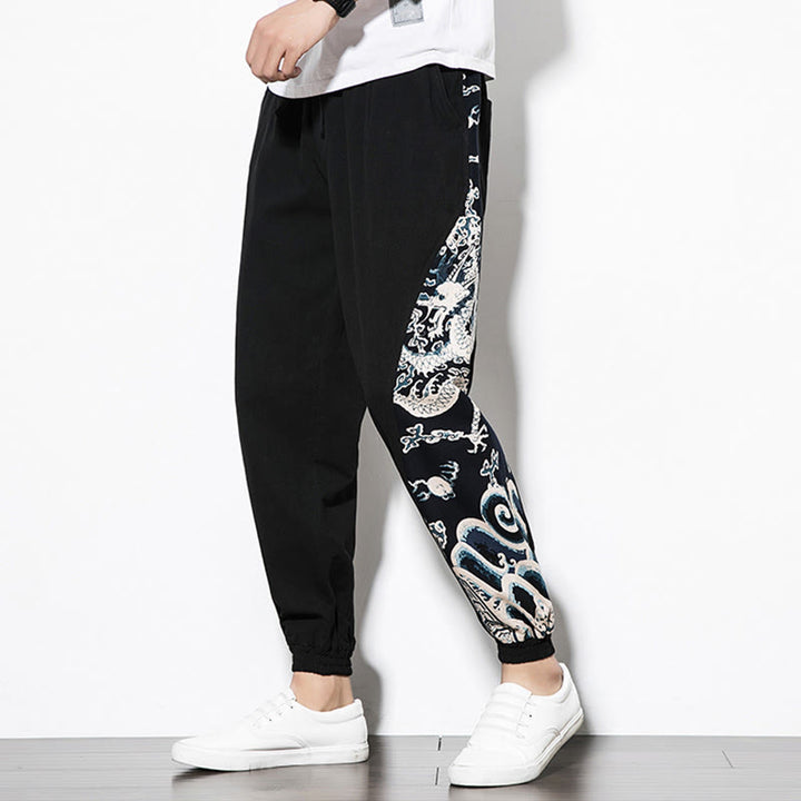 Buddha Stones Summer Dragon Waves Cotton Men's Pants With Pockets