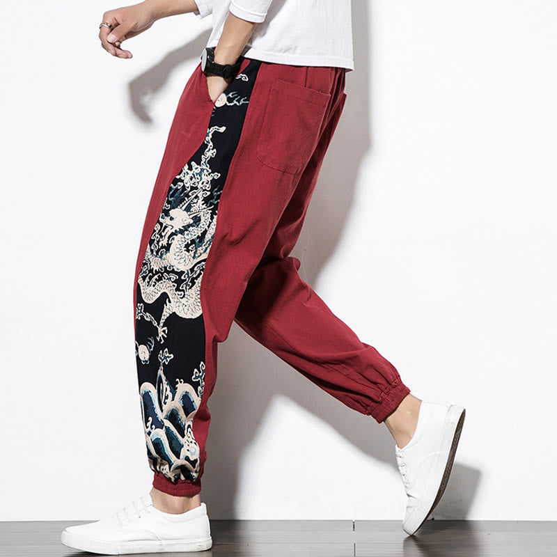 Buddha Stones Summer Dragon Waves Cotton Men's Pants With Pockets