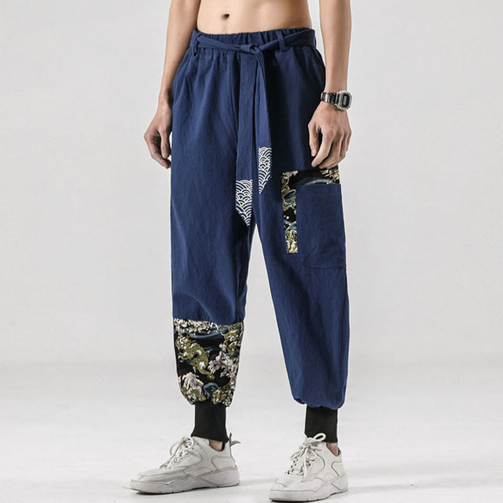 Buddha Stones Ocean Waves Lace-up Cotton Men's Harem Pants With Pockets