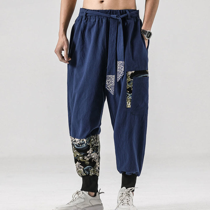 Buddha Stones Ocean Waves Lace-up Cotton Men's Harem Pants With Pockets - image 38
