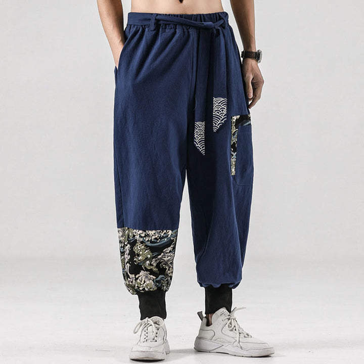 Buddha Stones Ocean Waves Lace-up Cotton Men's Harem Pants With Pockets - image 36