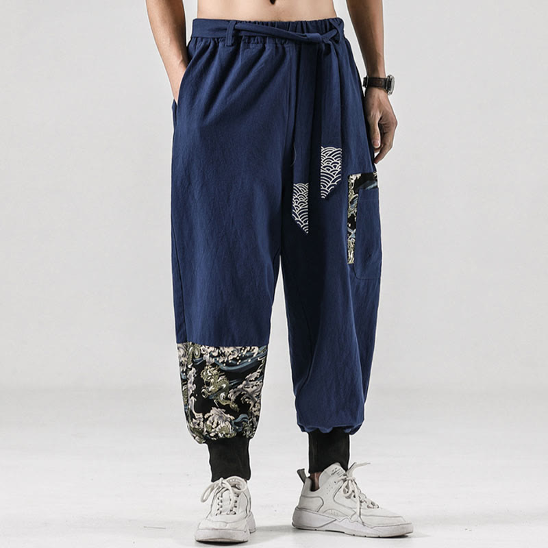 Buddha Stones Ocean Waves Lace-up Cotton Men's Harem Pants With Pockets