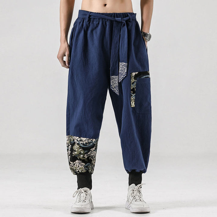 Buddha Stones Ocean Waves Lace-up Cotton Men's Harem Pants With Pockets - image 33