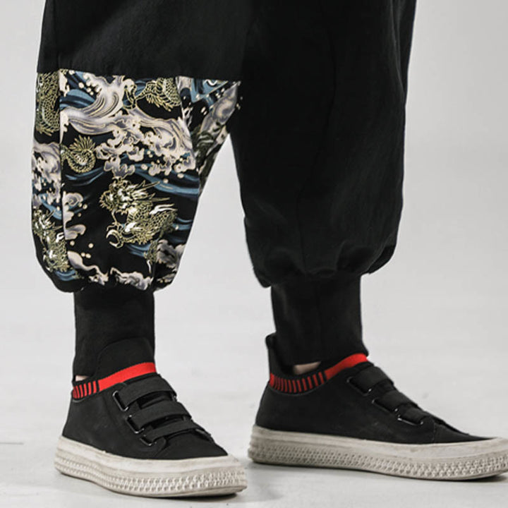 Buddha Stones Ocean Waves Lace-up Cotton Men's Harem Pants With Pockets - image 13