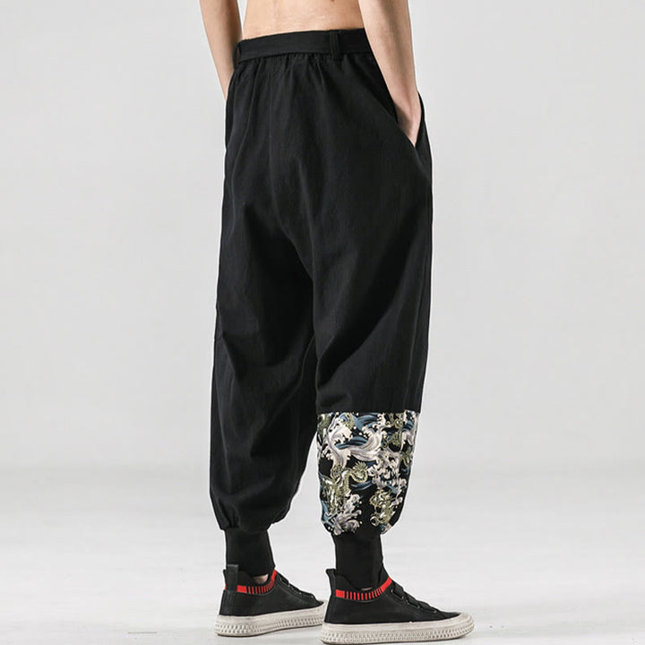 Buddha Stones Ocean Waves Lace-up Cotton Men's Harem Pants With Pockets - image 3