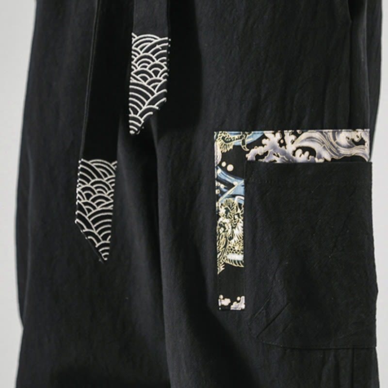 Buddha Stones Ocean Waves Lace-up Cotton Men's Harem Pants With Pockets - image 12