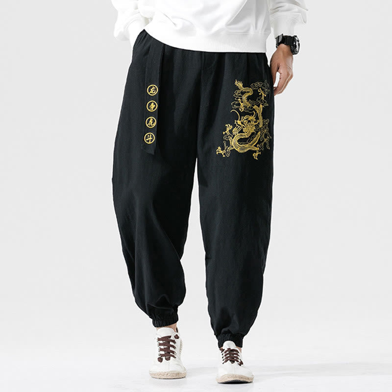 Buddha Stones Auspicious Clouds Dragon Cotton Men's Pants With Pockets