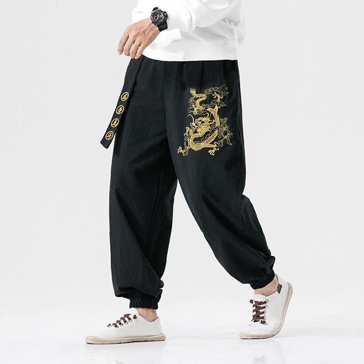 Buddha Stones Auspicious Clouds Dragon Cotton Men's Pants With Pockets