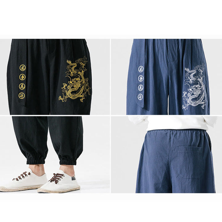 Buddha Stones Auspicious Clouds Dragon Cotton Men's Pants With Pockets