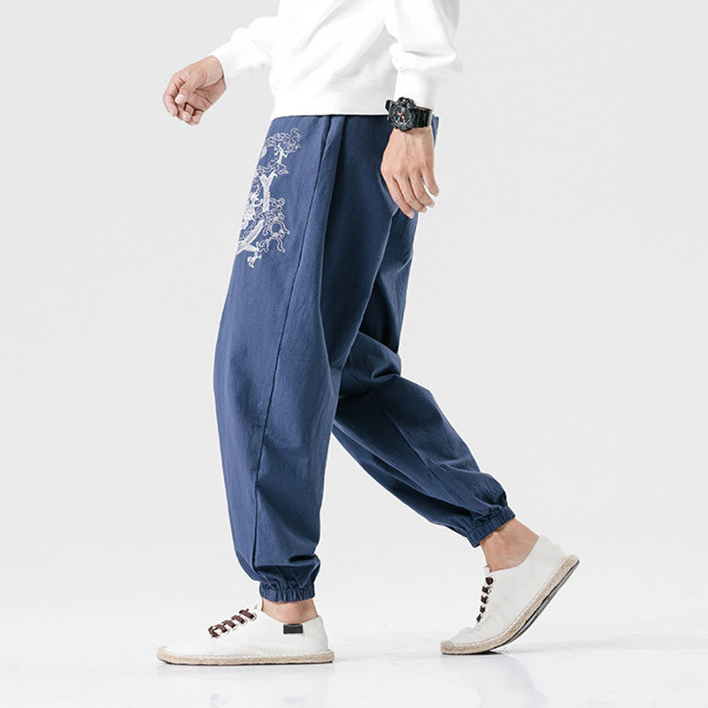 Buddha Stones Auspicious Clouds Dragon Cotton Men's Pants With Pockets