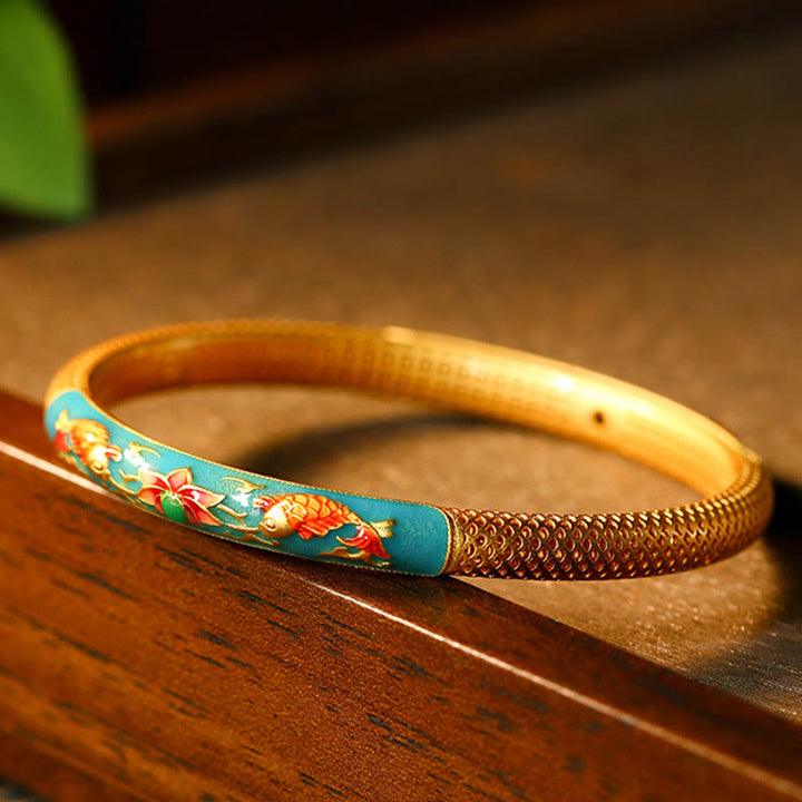 Buddha Stones Koi Fish Lotus Wealth Copper Metal Bracelet Bangle