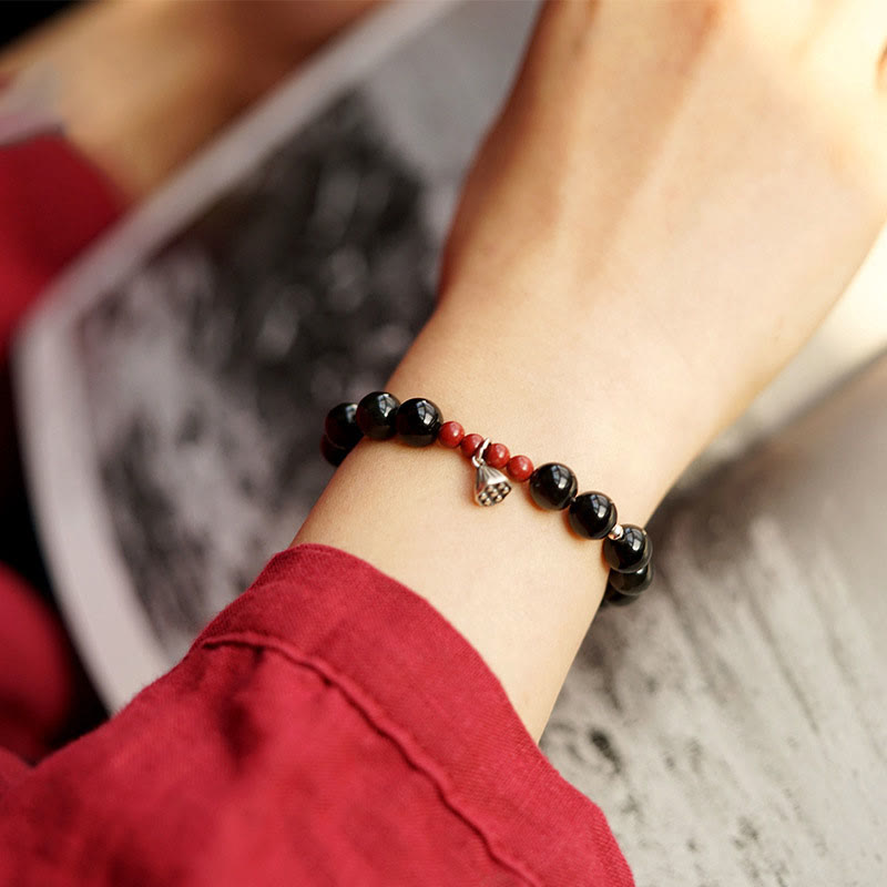 Buddha Stones Natural Black Obsidian Cinnabar Lotus Charm Strength Fulfillment Bracelet