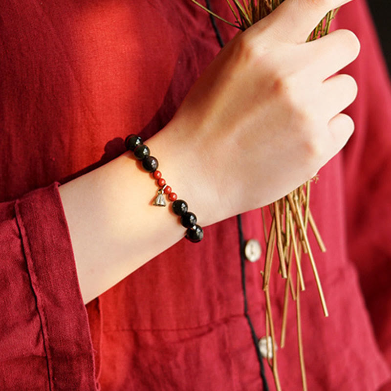 Buddha Stones Natural Black Obsidian Cinnabar Lotus Charm Strength Fulfillment Bracelet