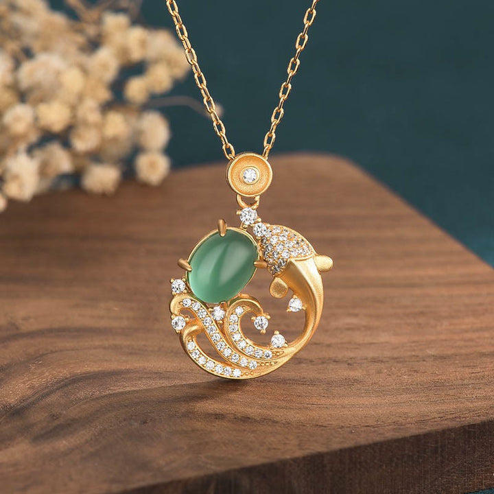 Buddha Stones Green Chalcedony Koi Fish Strength Necklace Pendant - Koi Fish Green Chalcedony - image 1