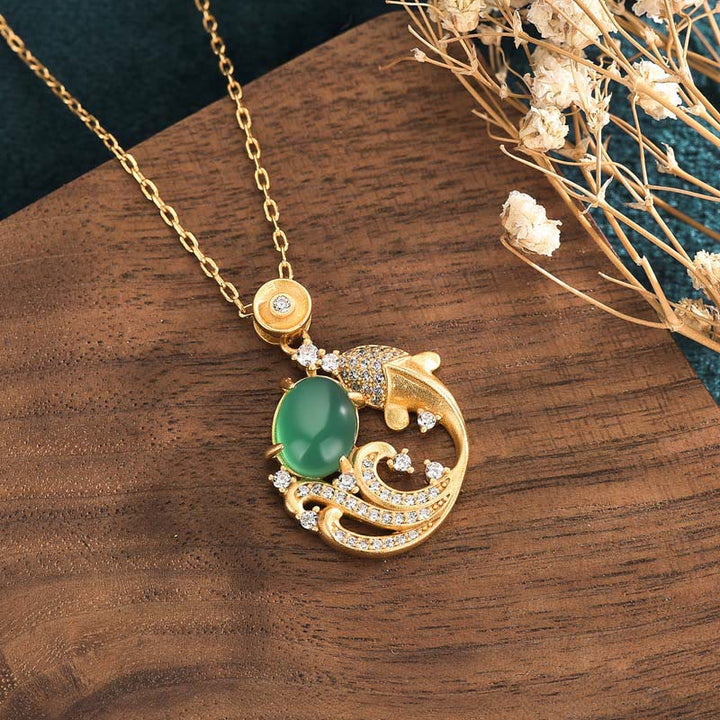 Buddha Stones Green Chalcedony Koi Fish Strength Necklace Pendant