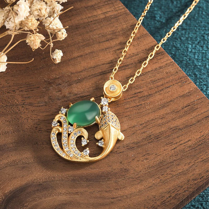 Buddha Stones Green Chalcedony Koi Fish Strength Necklace Pendant - image 3