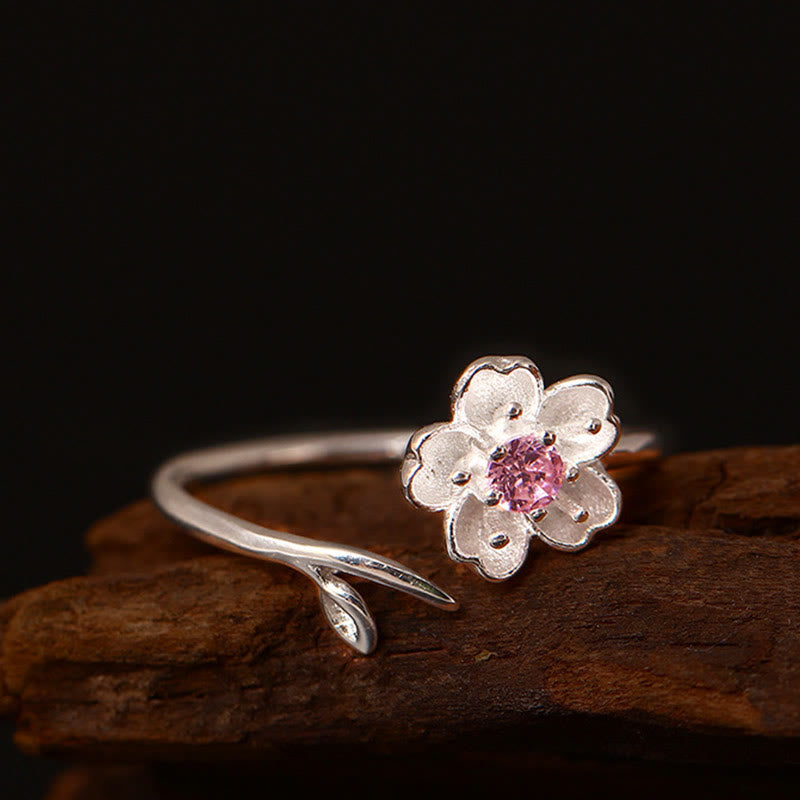 Buddha Stones 925 Sterling Silver Cherry Blossom Sakura Flower Blessing Adjustable Ring