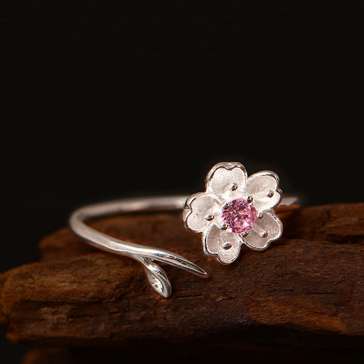 Buddha Stones 925 Sterling Silver Cherry Blossom Sakura Flower Blessing Adjustable Ring - image 1