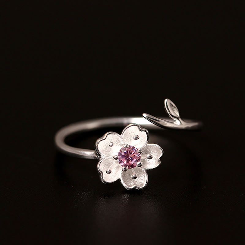 Buddha Stones 925 Sterling Silver Cherry Blossom Sakura Flower Blessing Adjustable Ring - Cherry Blossom 52-55mm/US5-US7(Adjustable) - image 0