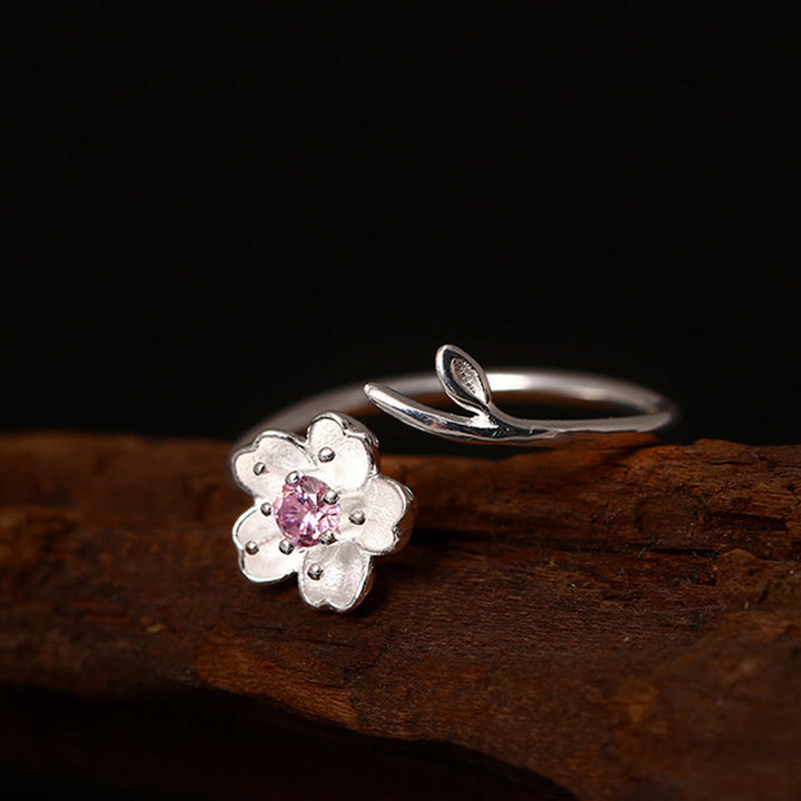 Buddha Stones 925 Sterling Silver Cherry Blossom Sakura Flower Blessing Adjustable Ring