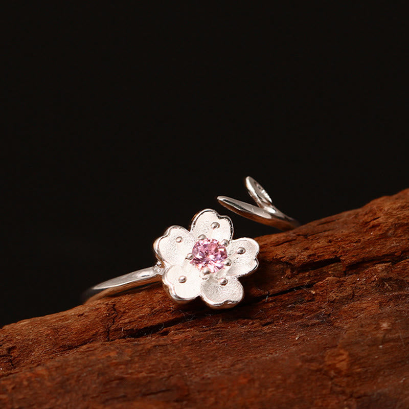 Buddha Stones 925 Sterling Silver Cherry Blossom Sakura Flower Blessing Adjustable Ring - image 3