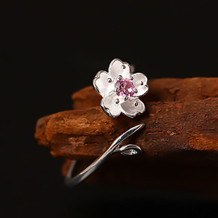 Buddha Stones 925 Sterling Silver Cherry Blossom Sakura Flower Blessing Adjustable Ring