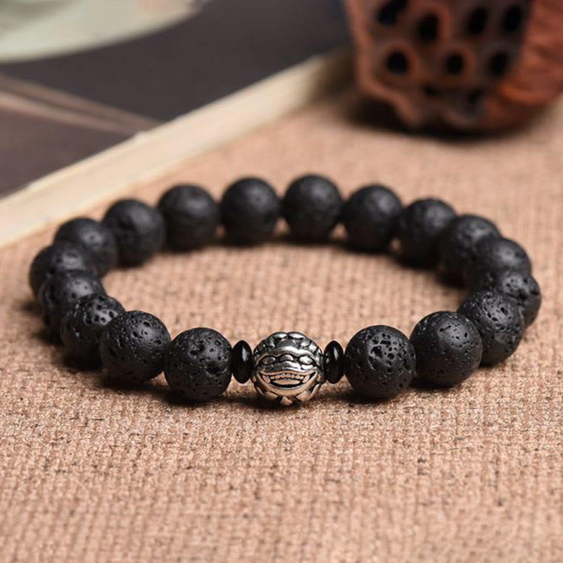 Buddha Stones Lava Rock Beads White Copper PiXiu Wealth Bracelet