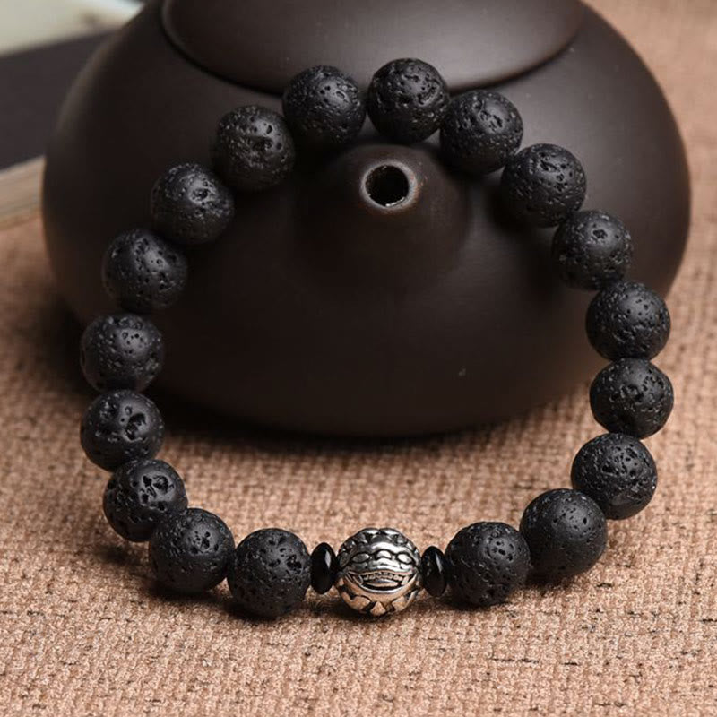 Buddha Stones Lava Rock Beads White Copper PiXiu Wealth Bracelet