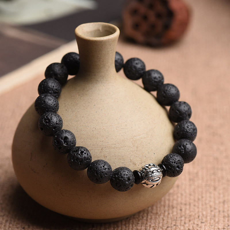 Buddha Stones Lava Rock Beads White Copper PiXiu Wealth Bracelet