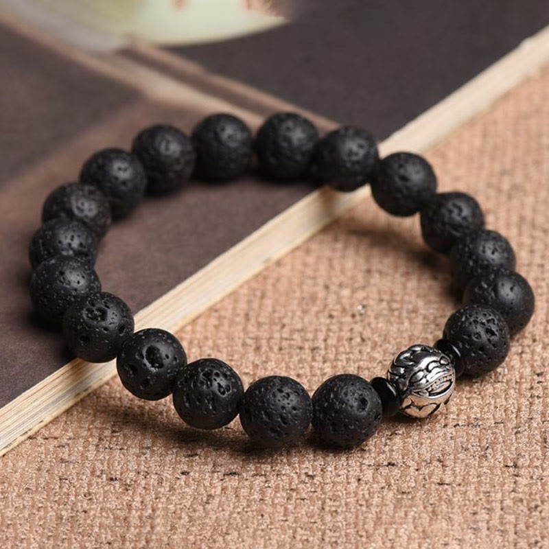 Buddha Stones Lava Rock Beads White Copper PiXiu Wealth Bracelet