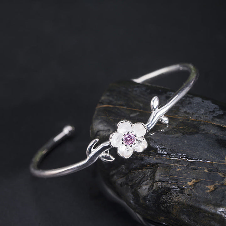 Buddha Stones 925 Sterling Silver Cherry Blossom Luck Bracelet Bangle - 925 Sterling Silver Cherry Blossom (Wrist Circumference: 15-19cm) - image 0