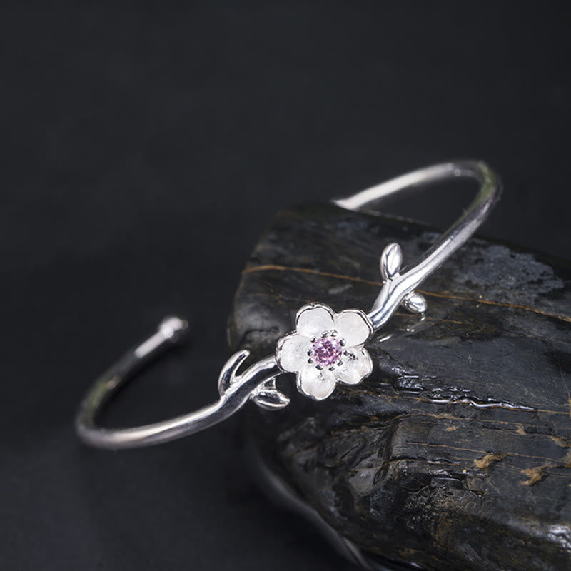 Buddha Stones 925 Sterling Silver Cherry Blossom Luck Bracelet Bangle - 925 Sterling Silver Cherry Blossom (Wrist Circumference: 15-19cm) - image 1