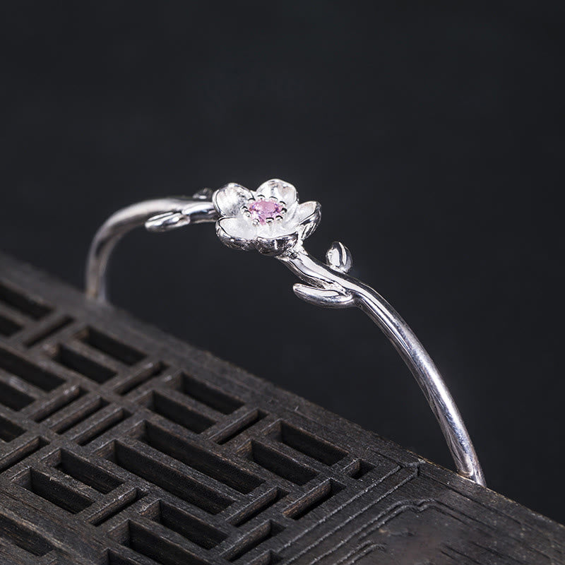 Buddha Stones 925 Sterling Silver Cherry Blossom Luck Bracelet Bangle - image 3