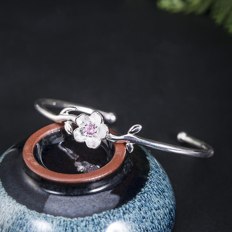 Buddha Stones 925 Sterling Silver Cherry Blossom Luck Bracelet Bangle - image 5
