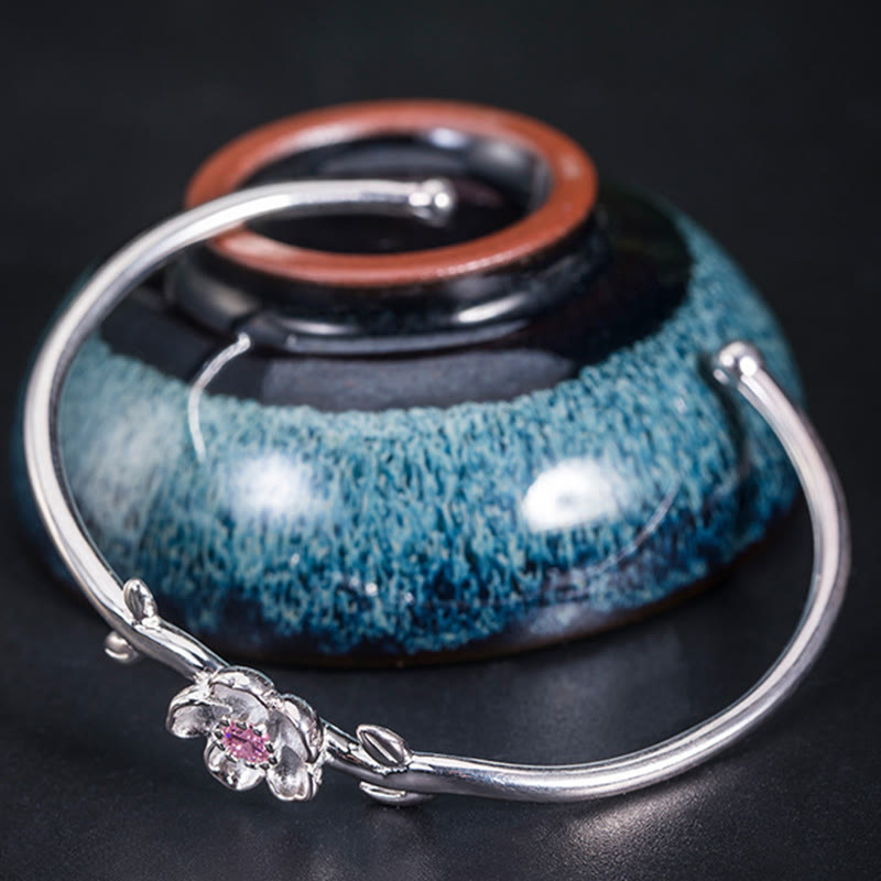 Buddha Stones 925 Sterling Silver Cherry Blossom Luck Bracelet Bangle - image 7