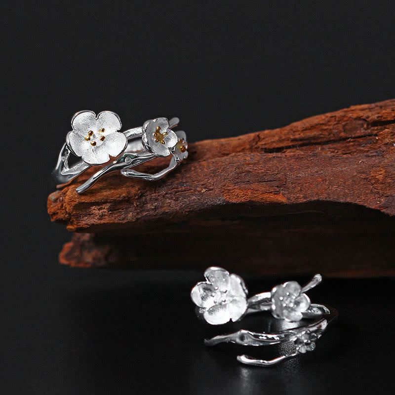 Buddha Stones 925 Sterling Silver Plum Bossom Balance Ring - image 1