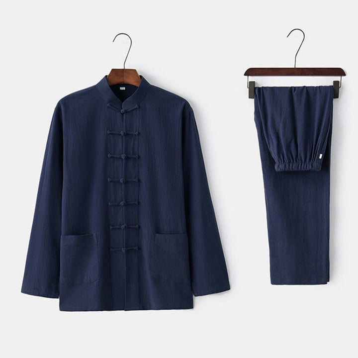 Buddha Stones Frog-Button Tang Long Sleeve Shirt Pants Men's Suit - MidnightBlue - US/UK/AU44，EU54 (4XL) - image 3