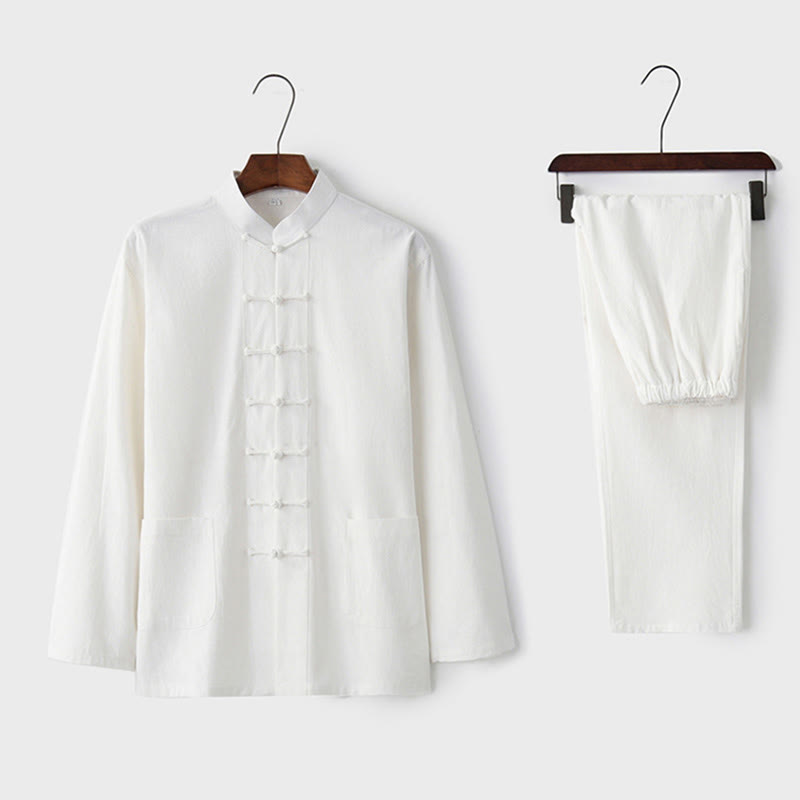 Buddha Stones Frog-Button Tang Long Sleeve Shirt Pants Men's Suit - White - US/UK/AU44，EU54 (4XL) - image 6
