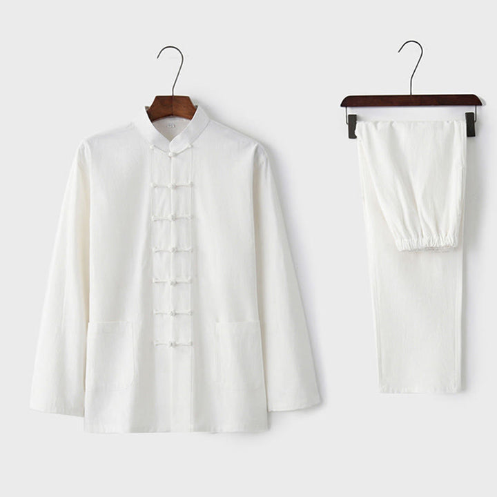 Buddha Stones Frog-Button Tang Long Sleeve Shirt Pants Men's Suit - White - US/UK/AU44，EU54 (4XL) - image 6