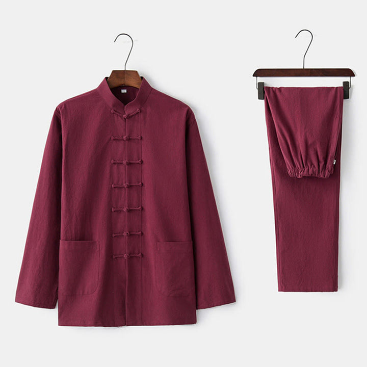 Buddha Stones Frog-Button Tang Long Sleeve Shirt Pants Men's Suit - Maroon - US/UK/AU44，EU54 (4XL) - image 5